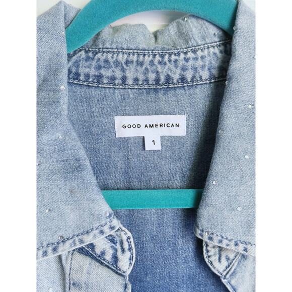 Good American Rhinestone Denim Button Up Shirt Chambray Small Disco Cowgirl Fall - Picture 7 of 11